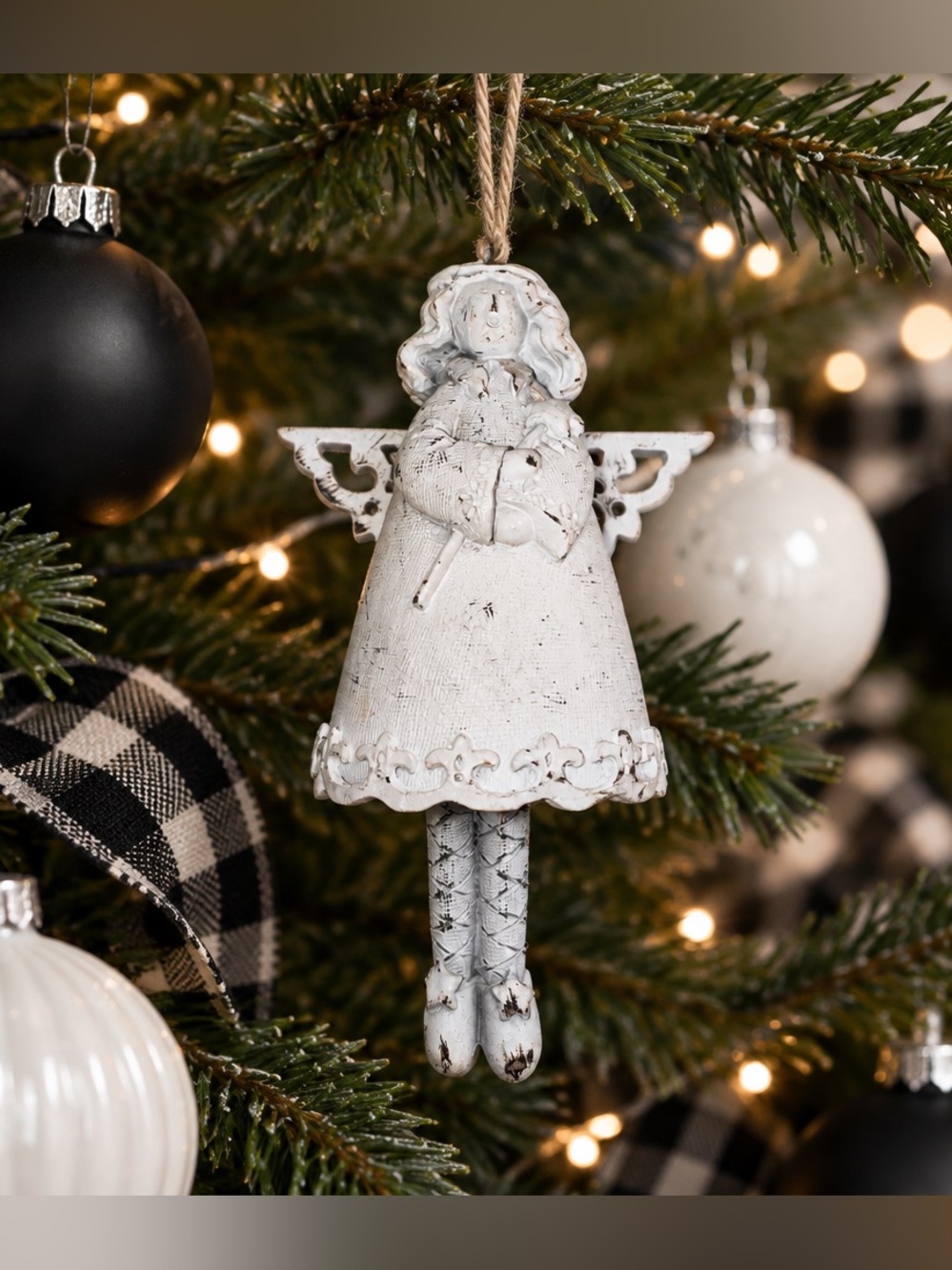 White Distressed Wooden Hanging Angel Christmas Tree Ornament 5 in